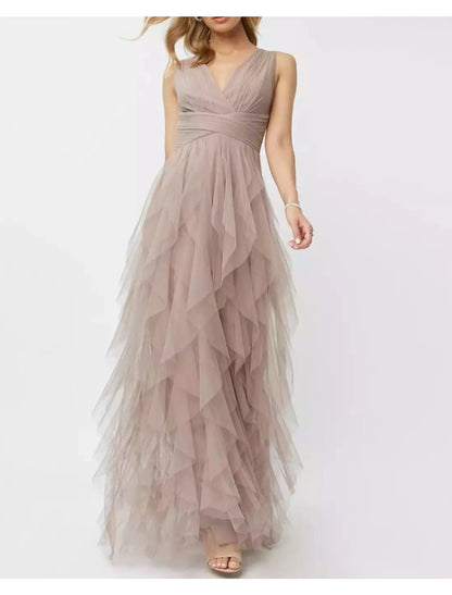 A-Linien-Partykleid, Frühlings-Abschlussball, formelles Abendkleid, V-Ausschnitt, ärmellos, bodenlang, Polyester mit drapierter Stufe