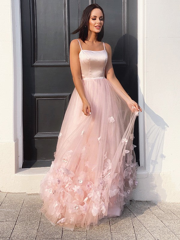 A-Line/Princess Tulle Hand-Made Flower Straps Floor-Length Sleeveless Dresses