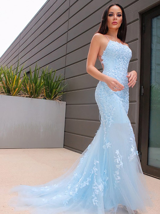 Trumpet/Mermaid Halter Sleeveless Lace Tulle Sweep/Brush Train Dresses
