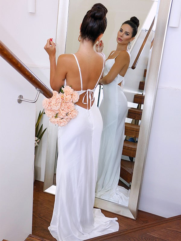 Sheath/Column Spaghetti Straps NS Woven Satin Sleeveless Ruched Sweep/Brush Train Wedding Dresses