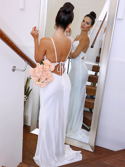 Sheath/Column Spaghetti Straps NS Woven Satin Sleeveless Ruched Sweep/Brush Train Wedding Dresses