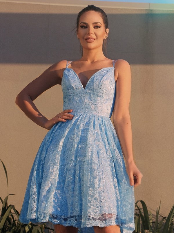 Vestidos de fiesta cortos/mini sin mangas, de satén, con encaje, escote en V y corte A/princesa