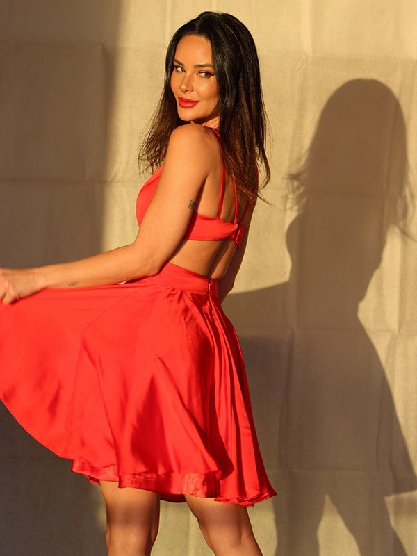 Vestidos de fiesta cortos/mini de gasa con volantes, escote en V, sin mangas, corte A/princesa