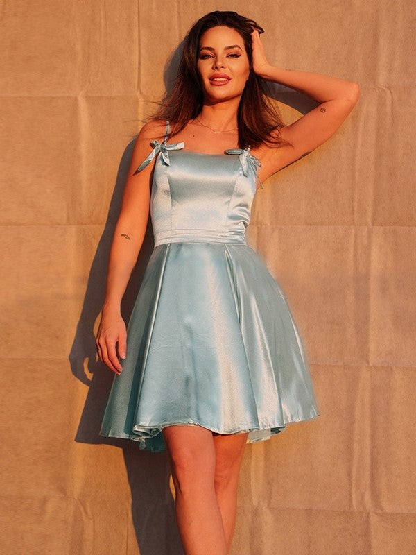 A-Line/Princess Ruffles Elastic Woven Satin Straps Sleeveless Short/Mini Homecoming Dresses