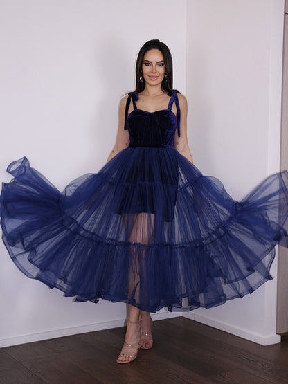 Vestidos de fiesta de corte A/princesa, de tul, con volantes, tirantes finos, sin mangas, hasta la rodilla