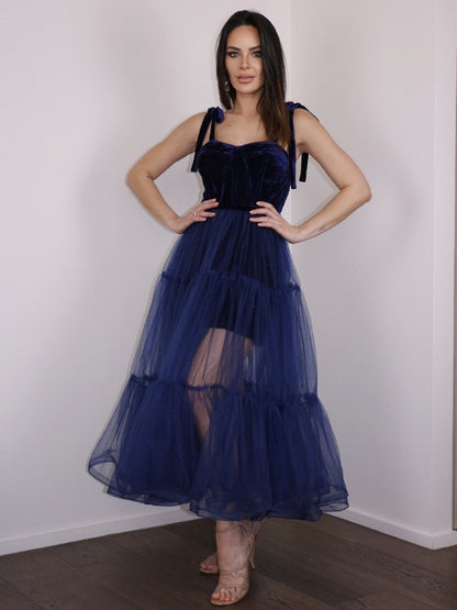 Vestidos de fiesta de corte A/princesa, de tul, con volantes, tirantes finos, sin mangas, hasta la rodilla