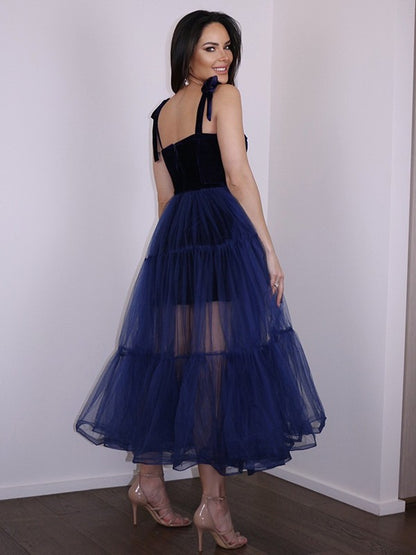 Vestidos de fiesta de corte A/princesa, de tul, con volantes, tirantes finos, sin mangas, hasta la rodilla