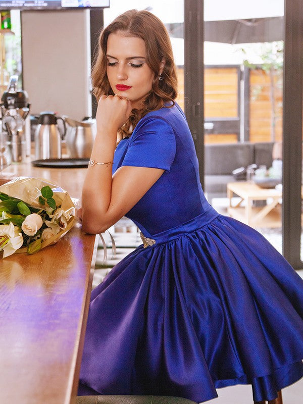 A-Line/Princess Satin Sash/Ribbon/Belt Scoop Short Sleeves Short/Mini Dresses