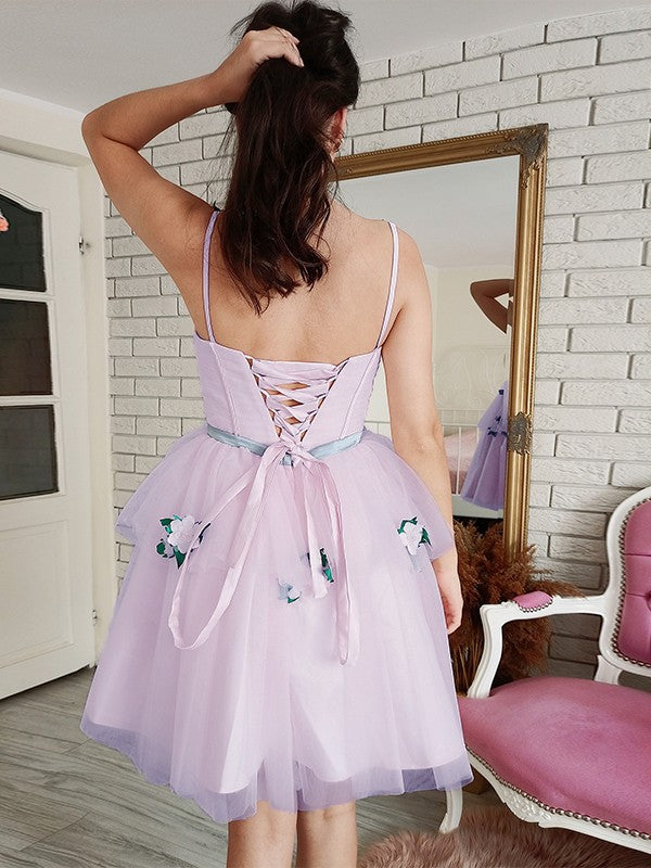 A-Line/Princess Tulle Hand-Made Flower Square Sleeveless Short/Mini Dresses