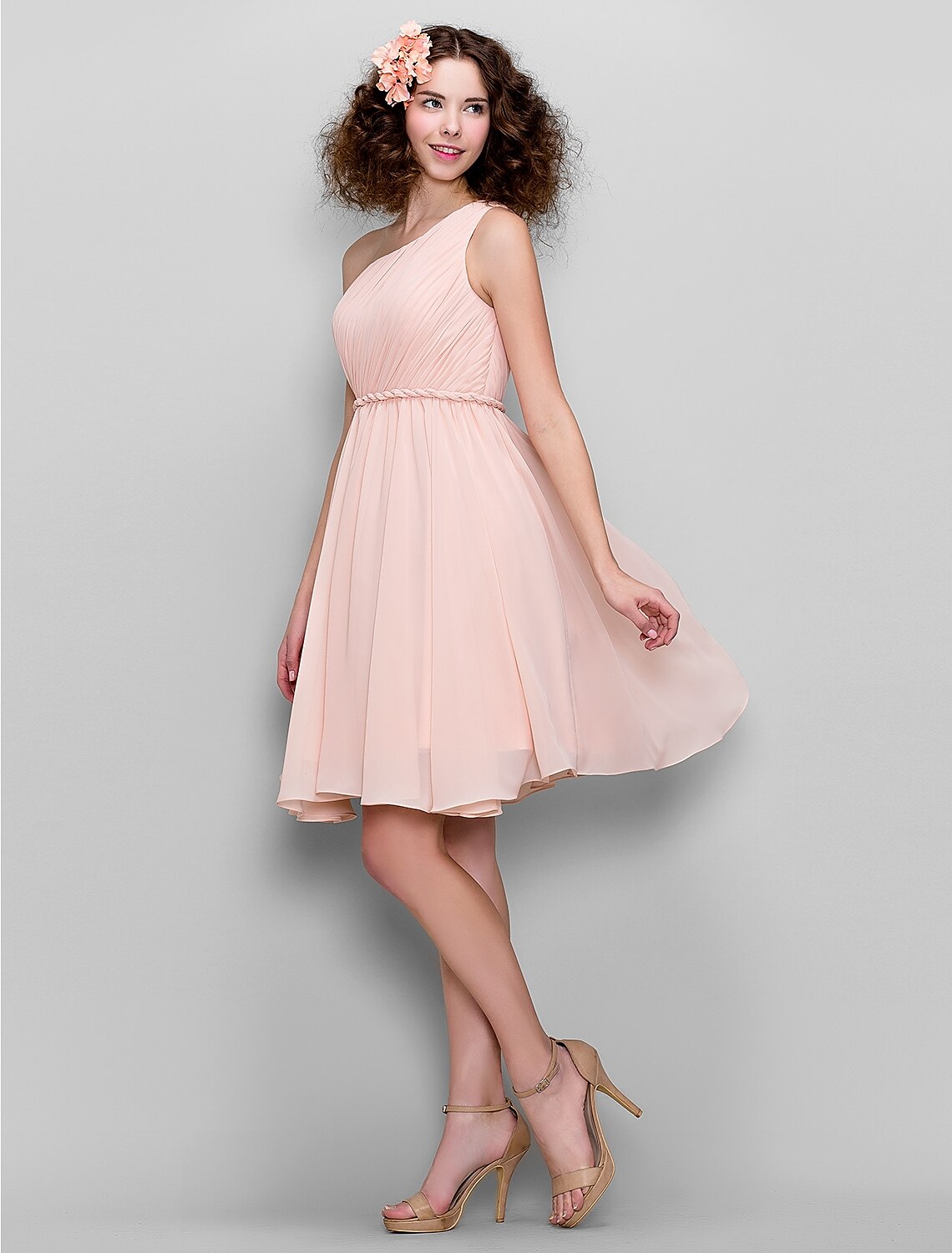Vestido de dama de honor de gasa con corte A/vestido de baile, un hombro hasta la rodilla, con faja/cinta/drapeado lateral