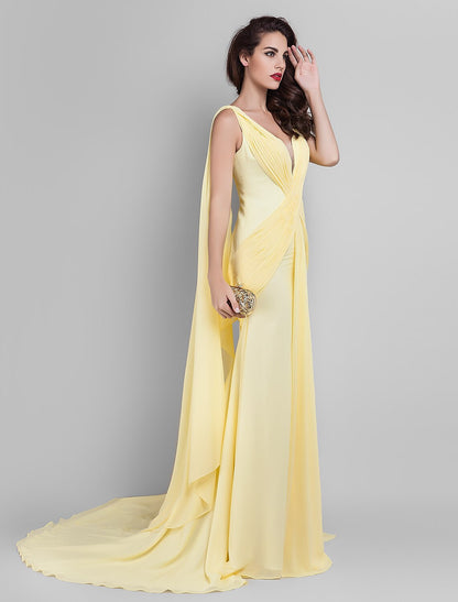Vestido elegante de corte tubo/columna para invitada de boda, baile de graduación, cola de corte, sin mangas, escote pronunciado, georgette, espalda en V con drapeado lateral entrecruzado