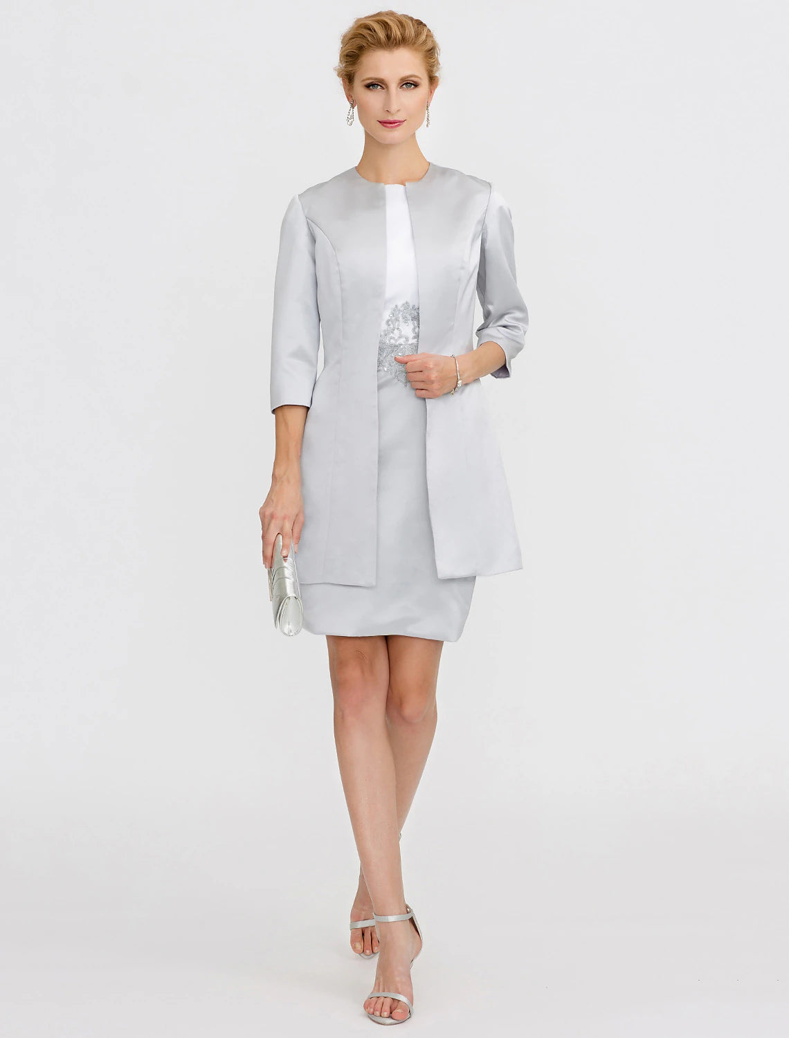 Sheath / Column Mother of the Bride Dress Formal Two Piece Jewel Neck Short / Mini Satin Short Sleeve yes with Lace Pleats