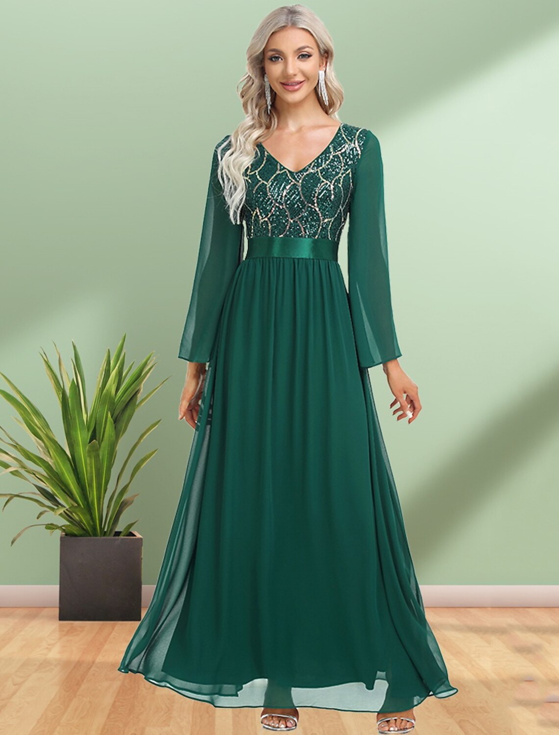 A-Line Evening Gown Elegant Dress Wedding Guest Party Wear Floor Length Long Sleeve V Neck Chiffon with Sequin