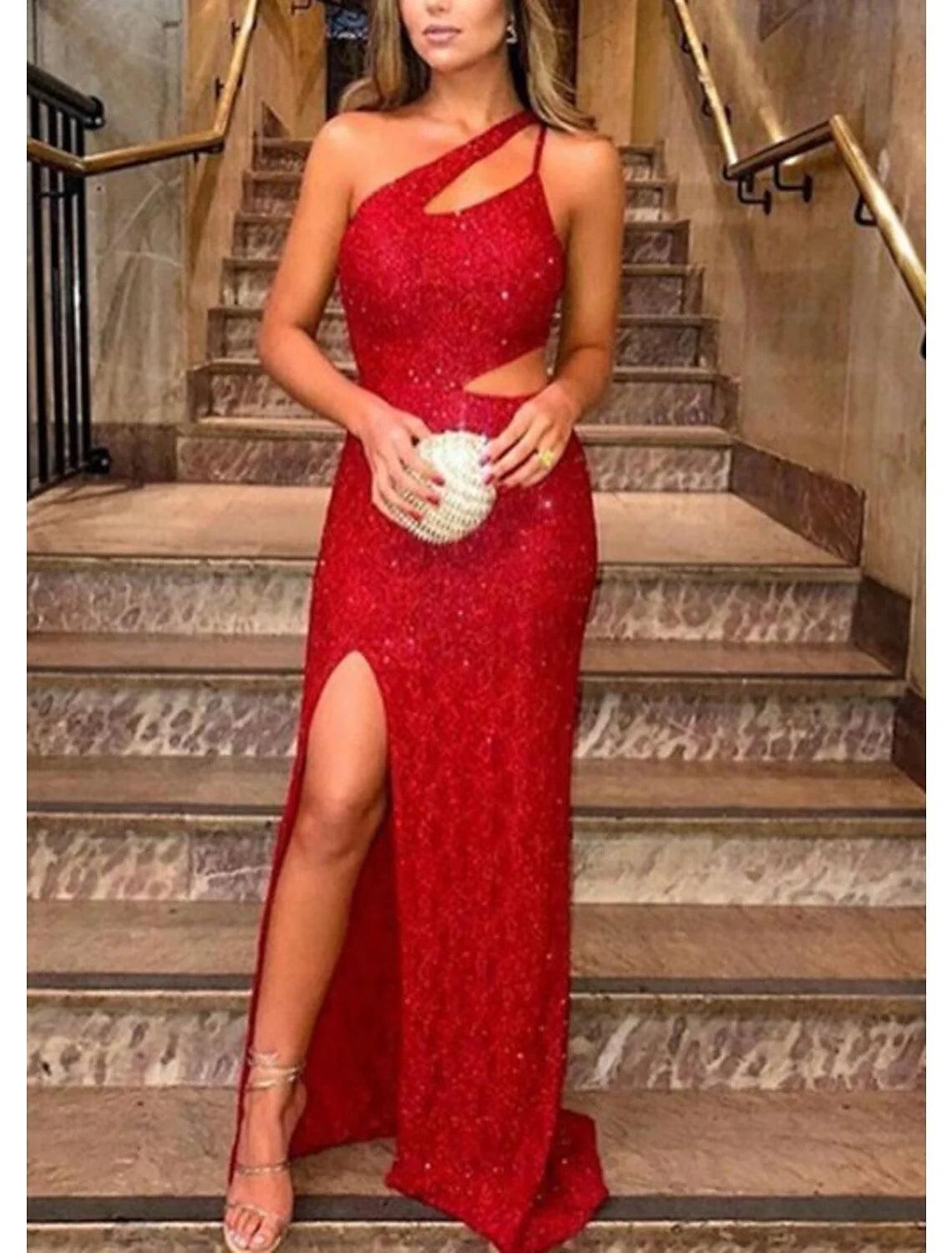 Vestido de noche elegante de corte A, vestido formal de graduación, largo hasta el suelo, sin mangas, un hombro, con lentejuelas y brillo.