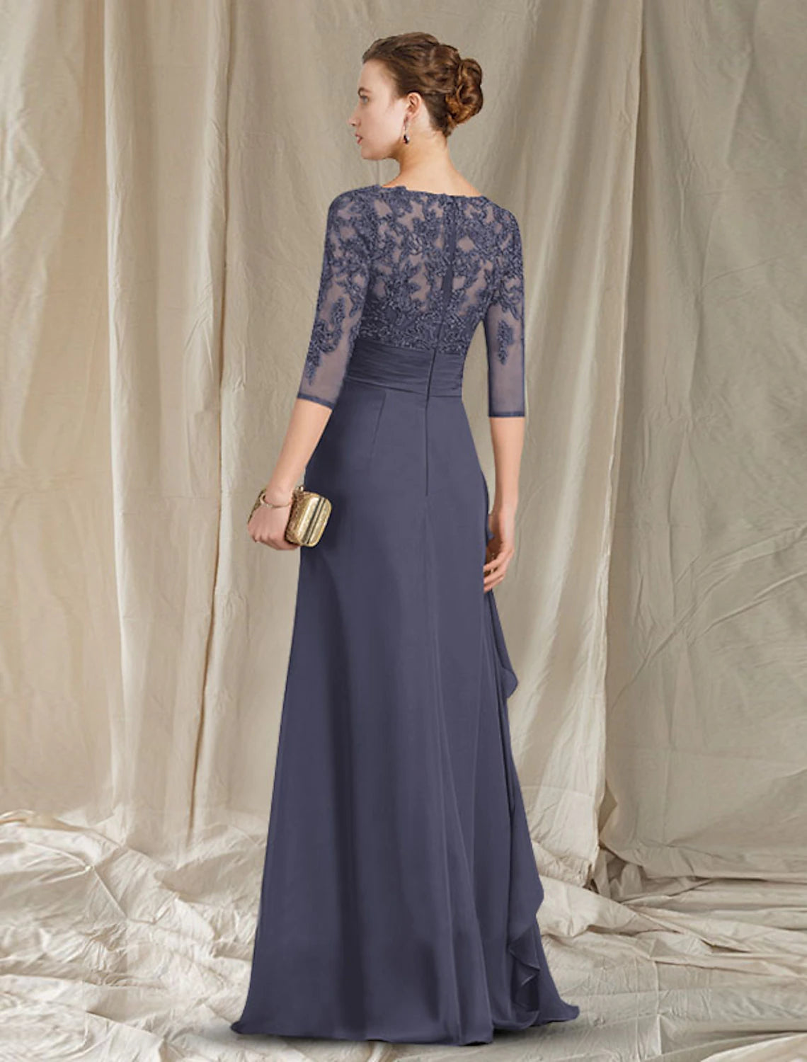 heath / Column Mother of the Bride Dress Plus Size Elegant V Neck Floor Length Chiffon 3/4 Length Sleeve with Ruffles Appliques