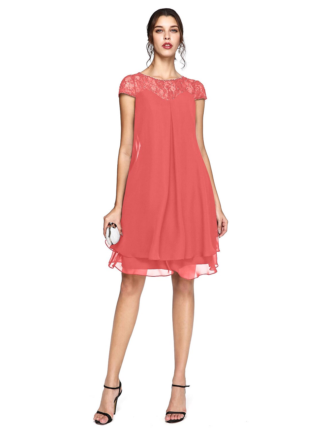 Vestido de madre de la novia de corte A, talla grande, elegante, cuello ilusión, largo hasta la rodilla, gasa, encaje, manga corta con lentejuelas