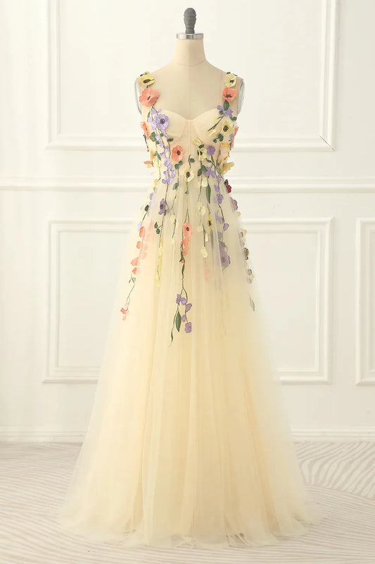 A Line Spaghetti Straps Long Tulle Prom Dress With Embroidery