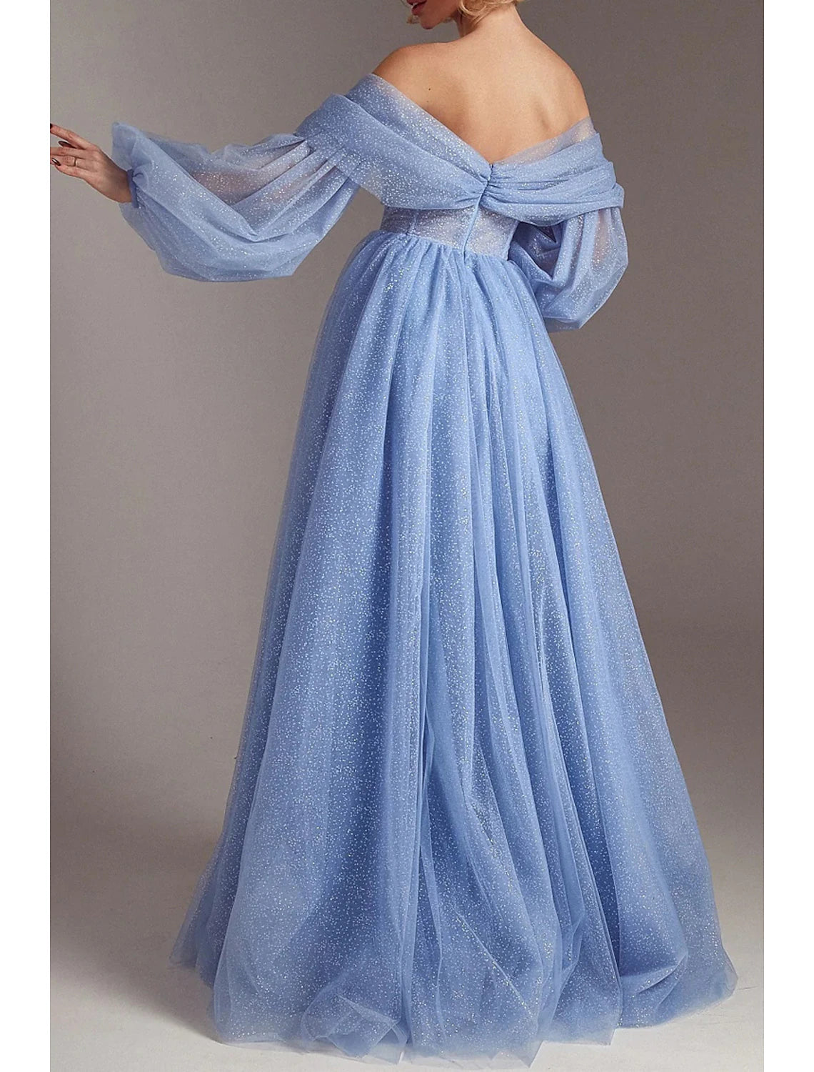 Vestidos de fiesta de corte A con corsé, vestido formal de fiesta de boda, largo hasta el suelo, manga larga, hombros descubiertos, tul con abertura fruncida con brillo