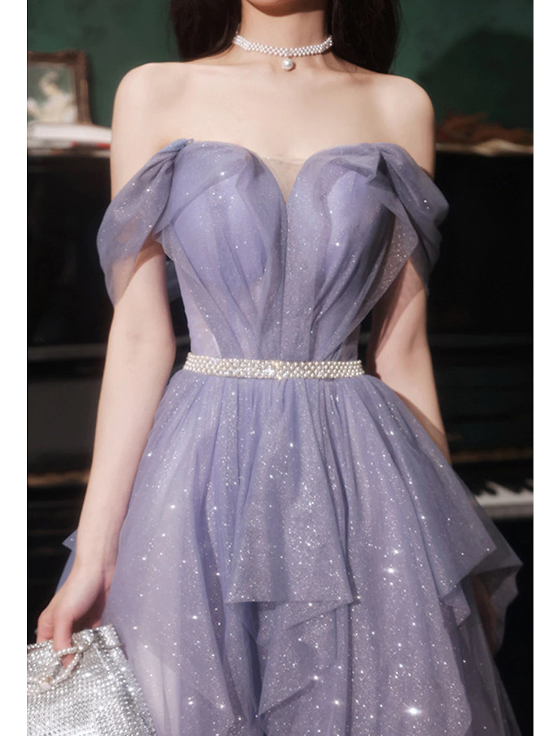 Vestidos de fiesta de corte A, brillantes y con brillo, para invitados de boda, cumpleaños, largo hasta el suelo, sin mangas, hombros descubiertos, tul con lentejuelas