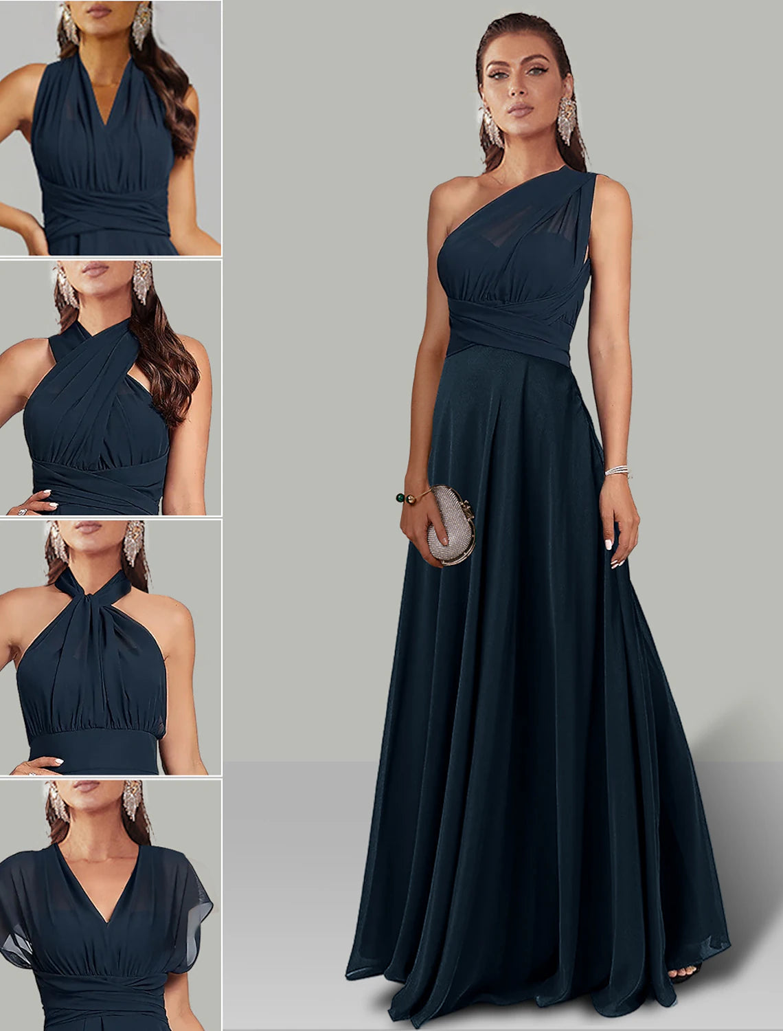 Vestidos de invitada de boda de corte A, vestido infinito, fiesta de bodas, largo hasta el suelo, manga corta, cuello halter, convertible en gasa con fruncido