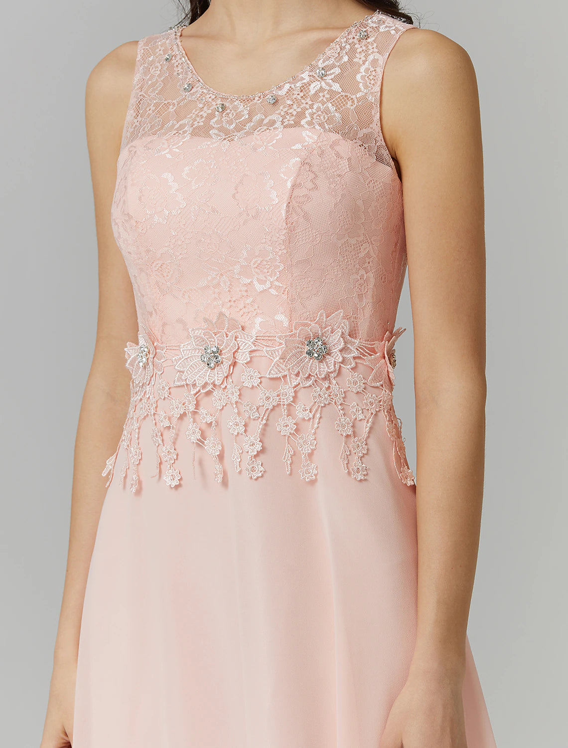 A-Linie Empire-Kleid, Hochzeitsgast, Abschlussball, bodenlang, ärmellos, Illusionsausschnitt, Brautjungfernkleid aus Chiffon mit Perlenapplikationen