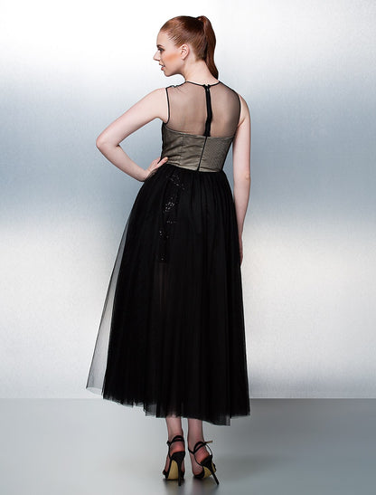 Ball Gown Illusion Neck Tea Length Tulle Celebrity Style Prom / Formal Evening Dress with Beading / Sequin / Appliques