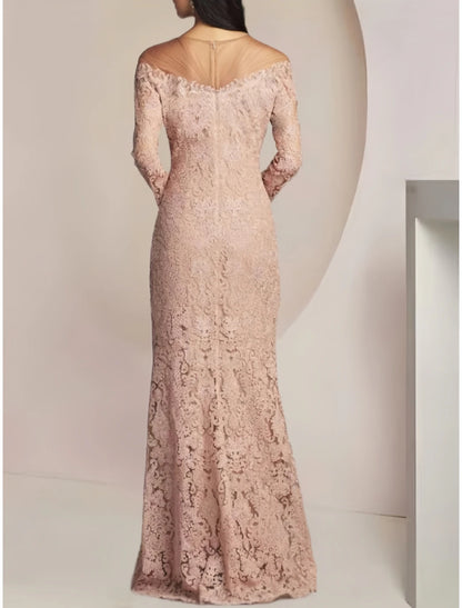 Etuikleid/Säulenkleid für die Brautmutter, Hochzeitsgast, elegant, Illusionsausschnitt, bodenlang, Spitze, lange Ärmel, einfarbig