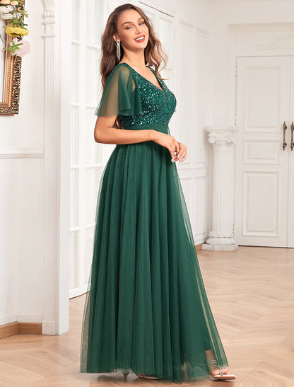 Vestidos de fiesta de corte A, vestido imperio, vestido de noche, vestido de fiesta, largo hasta el suelo, manga corta, cuello en V, gasa, espalda en V con lentejuelas brillantes
