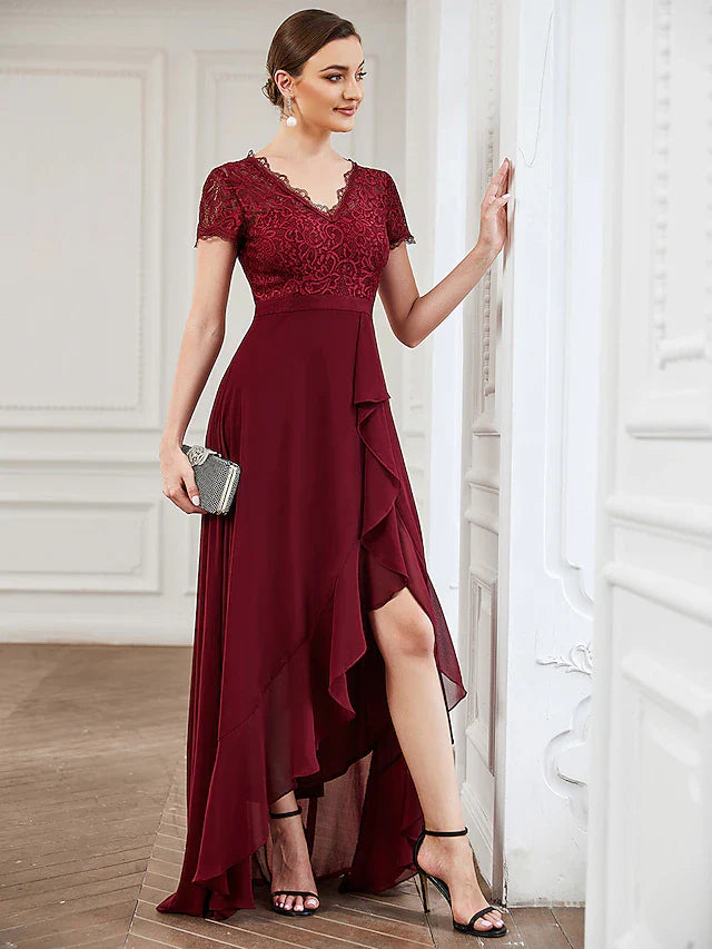 A-Line Cocktail Dresses Minimalist Dress Wedding Party Asymmetrical Short Sleeve V Neck Lace with Slit