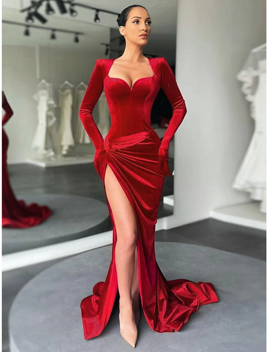 Vestido de noche corte A rojo verde vestido vintage vestido formal otoño cola manga larga escote corazón terciopelo con abertura fruncida
