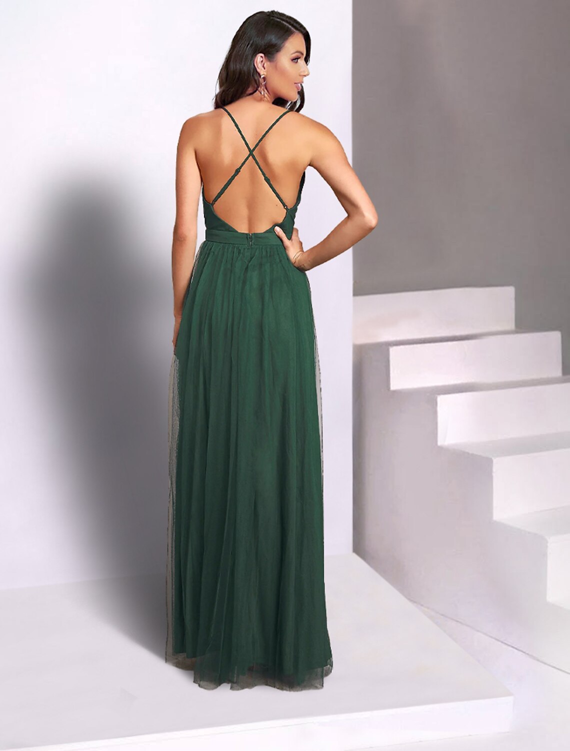 A-Linie Hochzeitsgastkleider, Rückenfreies Kleid, Partykleidung, Hochzeitsfeier, bodenlang, ärmellos, Spaghettiträger, Brautjungfernkleid, Tüll mit Falten