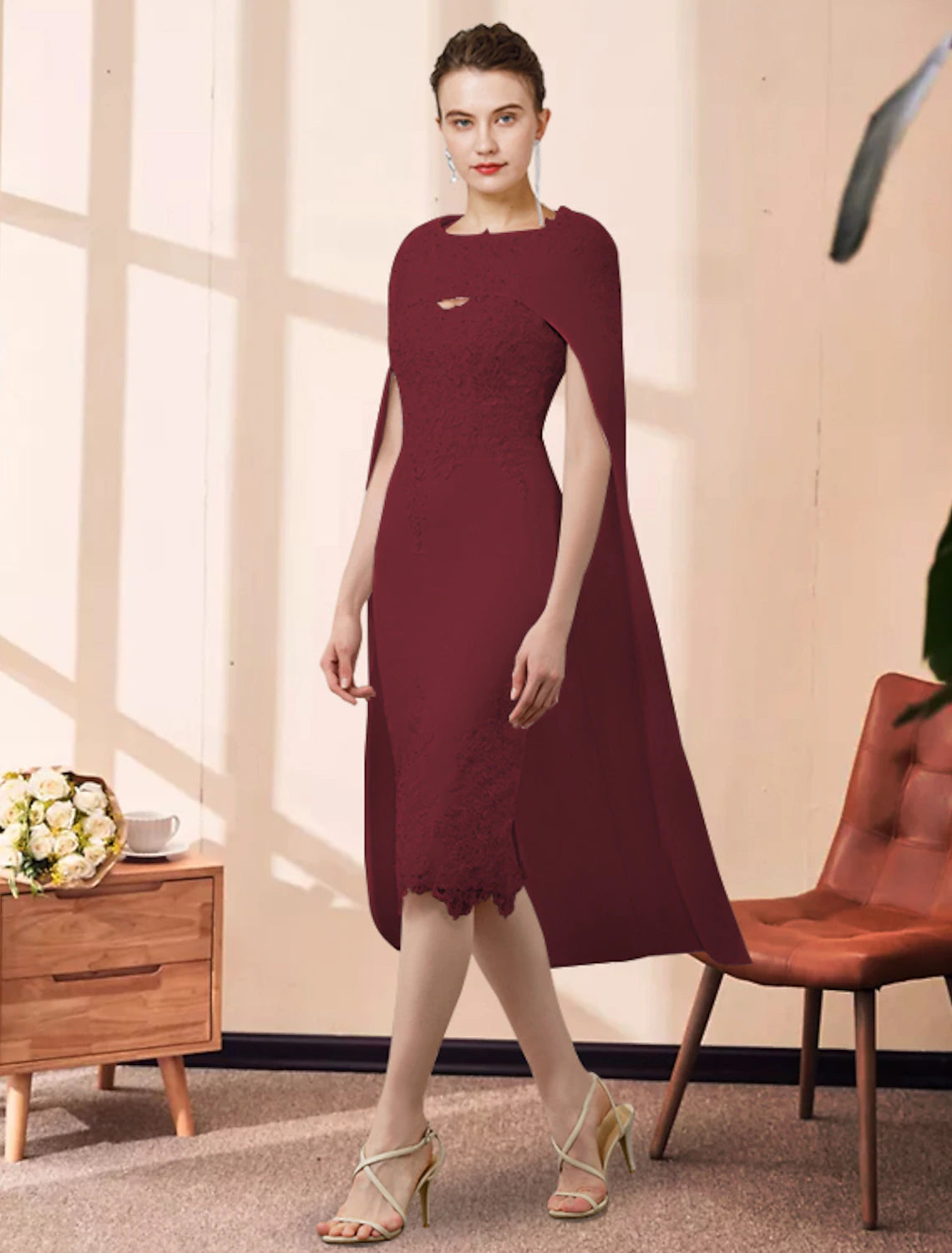 Vestido de dos piezas tipo tubo/columna para madre de la novia, para invitada de boda, iglesia, elegante, cuello joya, largo hasta la rodilla, de gasa, con encaje, sin mangas y apliques de cuentas.