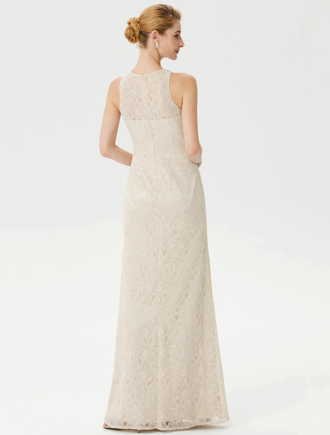 Sheath / Column Mother of the Bride Dress Elegant See Through Illusion Neck Floor Length Lace Sleeveless with Crystals Beading