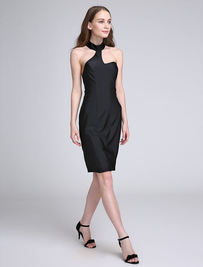Sheath / Column Bridesmaid Dress Halter Neck Sleeveless Black Dress Knee Length Jersey with Pleats