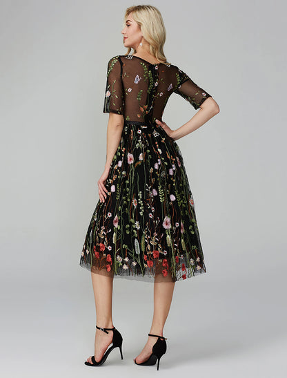 A-Linien-Partykleid für den Urlaub, Hochzeitsgast, knielang, Halbarm, Illusionsausschnitt, Herbst, Hochzeitsgast, Organza mit Stickapplikationen