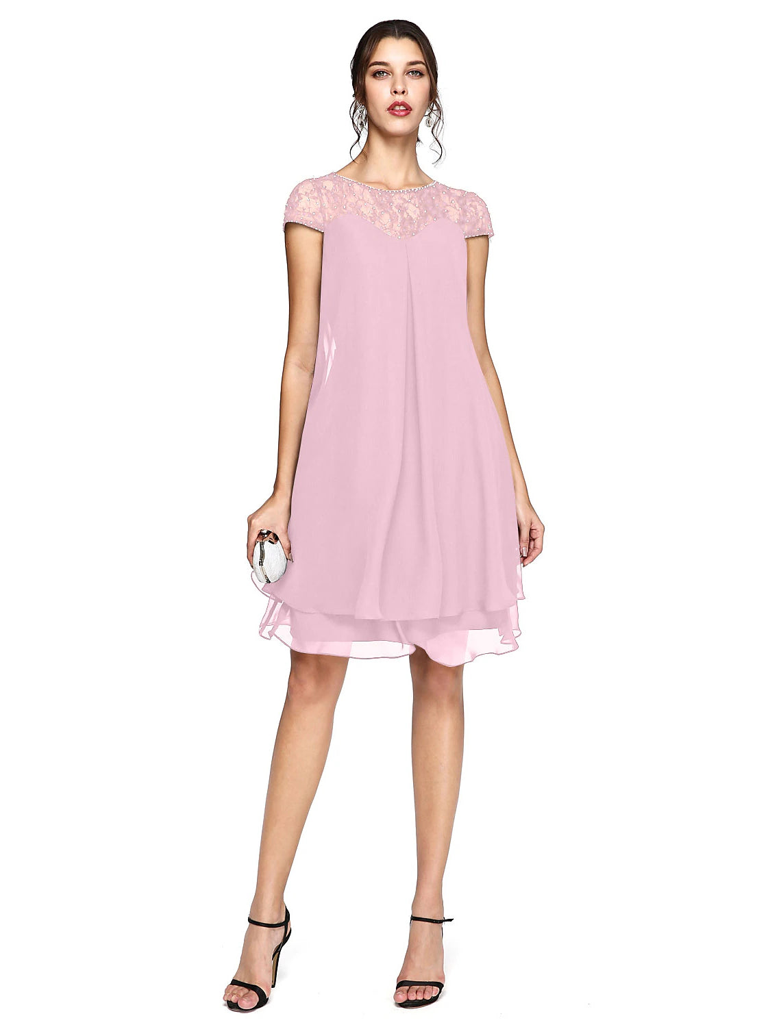 Vestido de madre de la novia de corte A, talla grande, elegante, cuello ilusión, largo hasta la rodilla, gasa, encaje, manga corta con lentejuelas