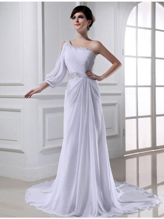A-Linie/Princess-Linie Perlen verziert One-Shoulder-Träger One-Ärmel Chiffon Brautkleider
