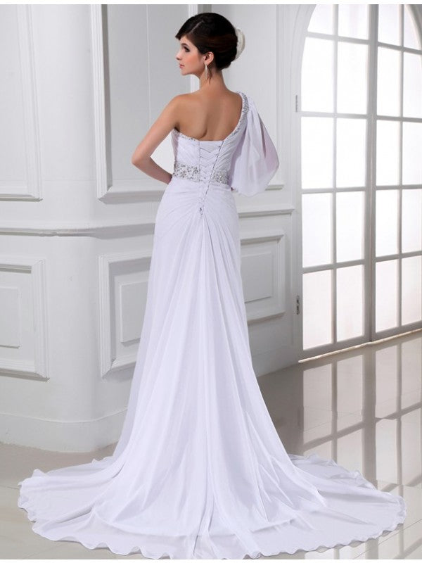 A-Linie/Princess-Linie Perlen verziert One-Shoulder-Träger One-Ärmel Chiffon Brautkleider