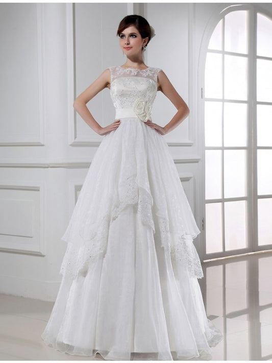 A-Linie/Princess-Linie Perlen verziert Ärmellos Lange Spitze Organza Brautkleider