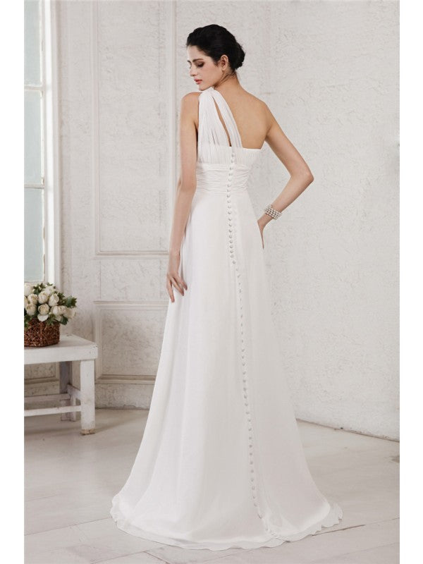 Vestidos de novia largos de gasa con corte A/princesa, sin mangas, con un solo hombro y apliques de cuentas