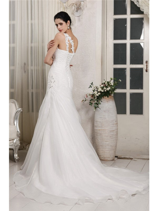 Vestidos de novia largos de organza con apliques de cuentas y un hombro sin mangas de corte trompeta/sirena