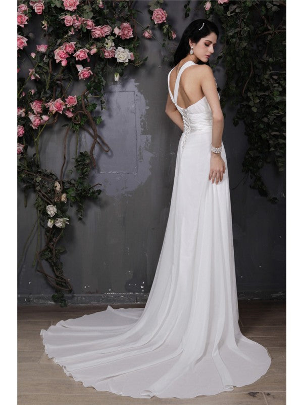 Vestido de novia largo de gasa, sin mangas, con escote halter, flores hechas a mano y pliegues