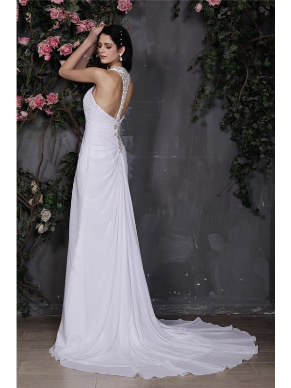 Sheath/Column Halter Sleeveless Beading Ruffles Long Chiffon Wedding Dresses