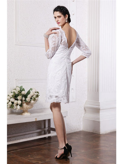 Sheath/Column Half Sleeves Bateau Short Lace Wedding Dresses