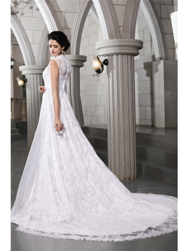 Vestidos de novia largos de satén con encaje, sin mangas, corte A/princesa