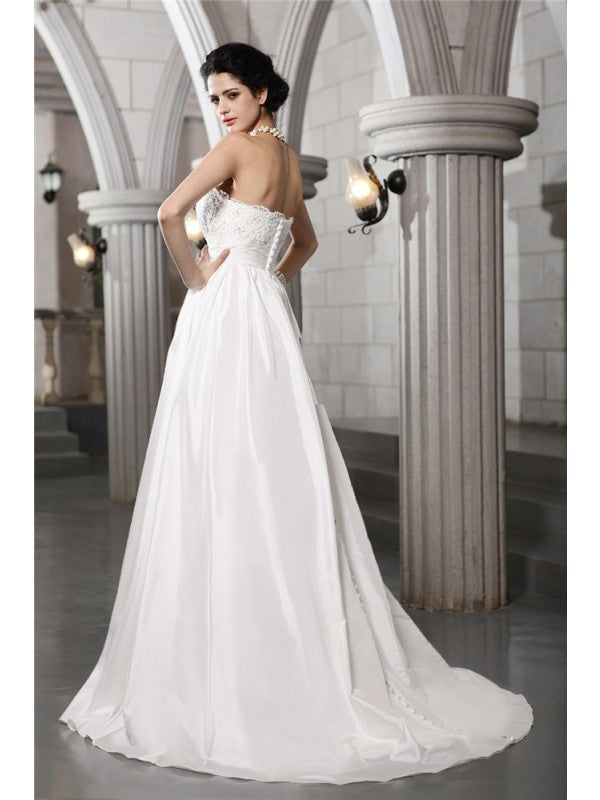 Vestidos de novia largos de tafetán con apliques de cuentas y sin mangas, corte A/princesa, sin tirantes