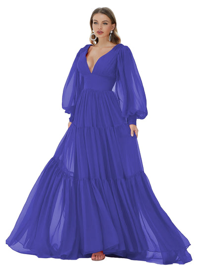 Vestidos de fiesta de corte A, sexys, para fiesta, formales, de noche, con cola larga y escote en V, de gasa con fruncido.