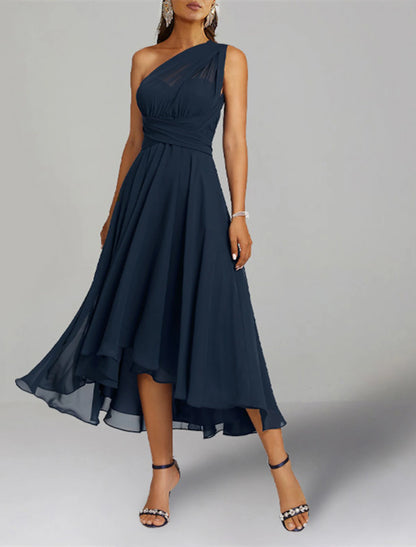 A-Linie Hochzeitsgastkleider Elegantes Kleid Formelle Hochzeitsfeier Teelänge Ärmellos Eine Schulter Herbst Hochzeitsgast Chiffon mit Rüschen