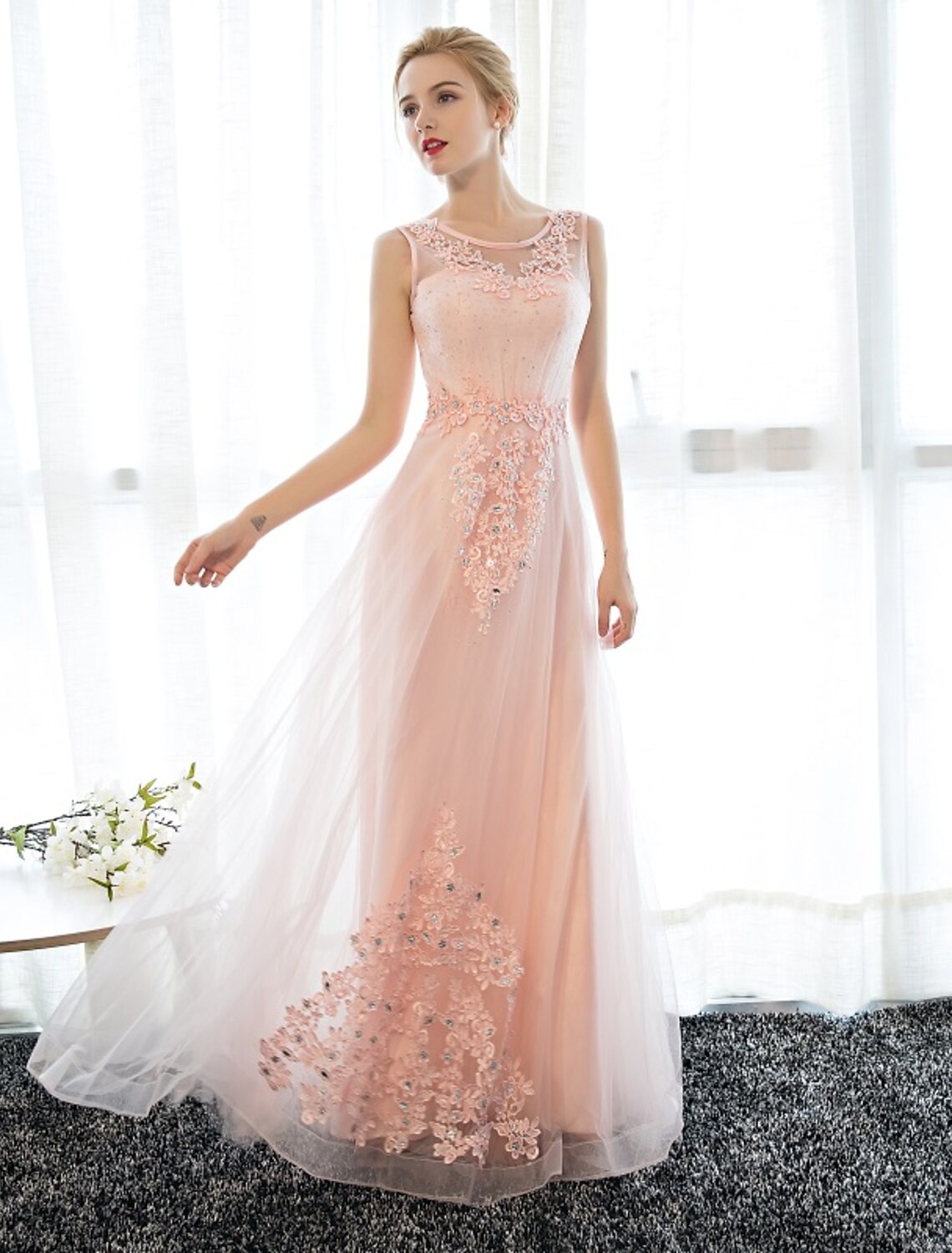 Sheath / Column Dress Wedding Guest Prom Floor Length Sleeveless Illusion Neck Satin with Crystals Appliques