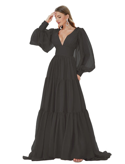 Vestidos de fiesta de corte A, sexys, para fiesta, formales, de noche, con cola larga y escote en V, de gasa con fruncido.
